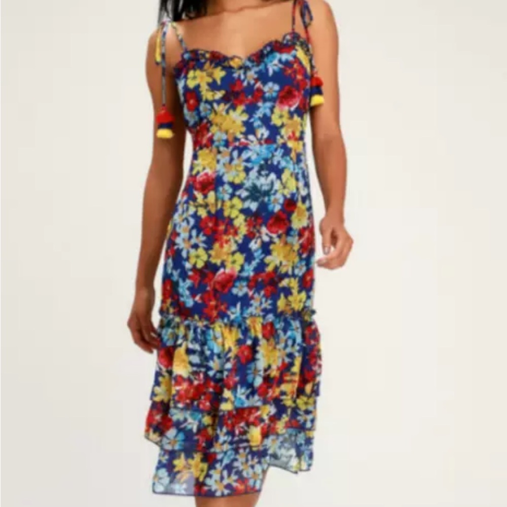 LULUS BLUE FLORAL PRINT TIE-STRAP MIDI DRESS - Vacay Sera Sera - NEW - XL